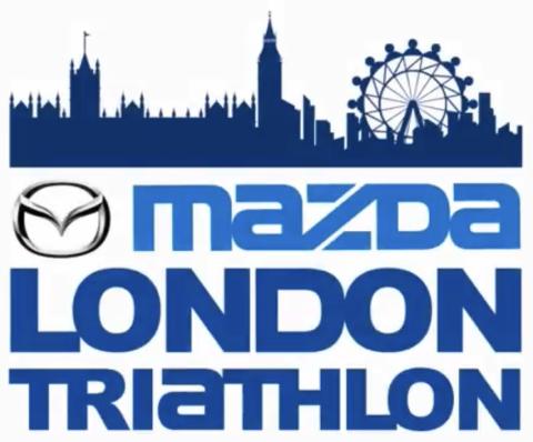 Mazda London Triathlon logo featuring London Skyline over the words and a small Mazda logo