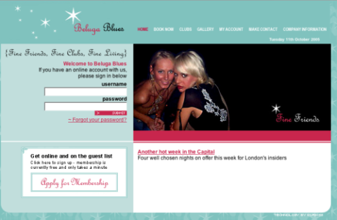 Screenshot of BelugaBlues website - two girls dancing in a club